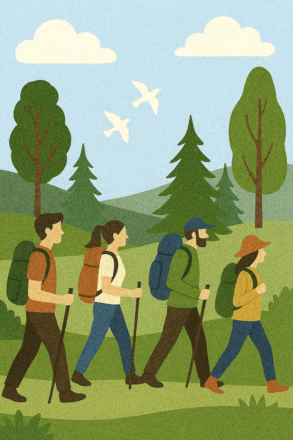 cartoon people hiking